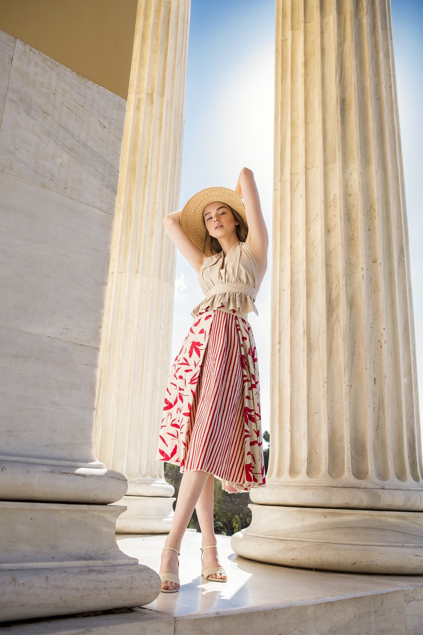 Tutu Skirt Red Beige Linen Floral Skirt